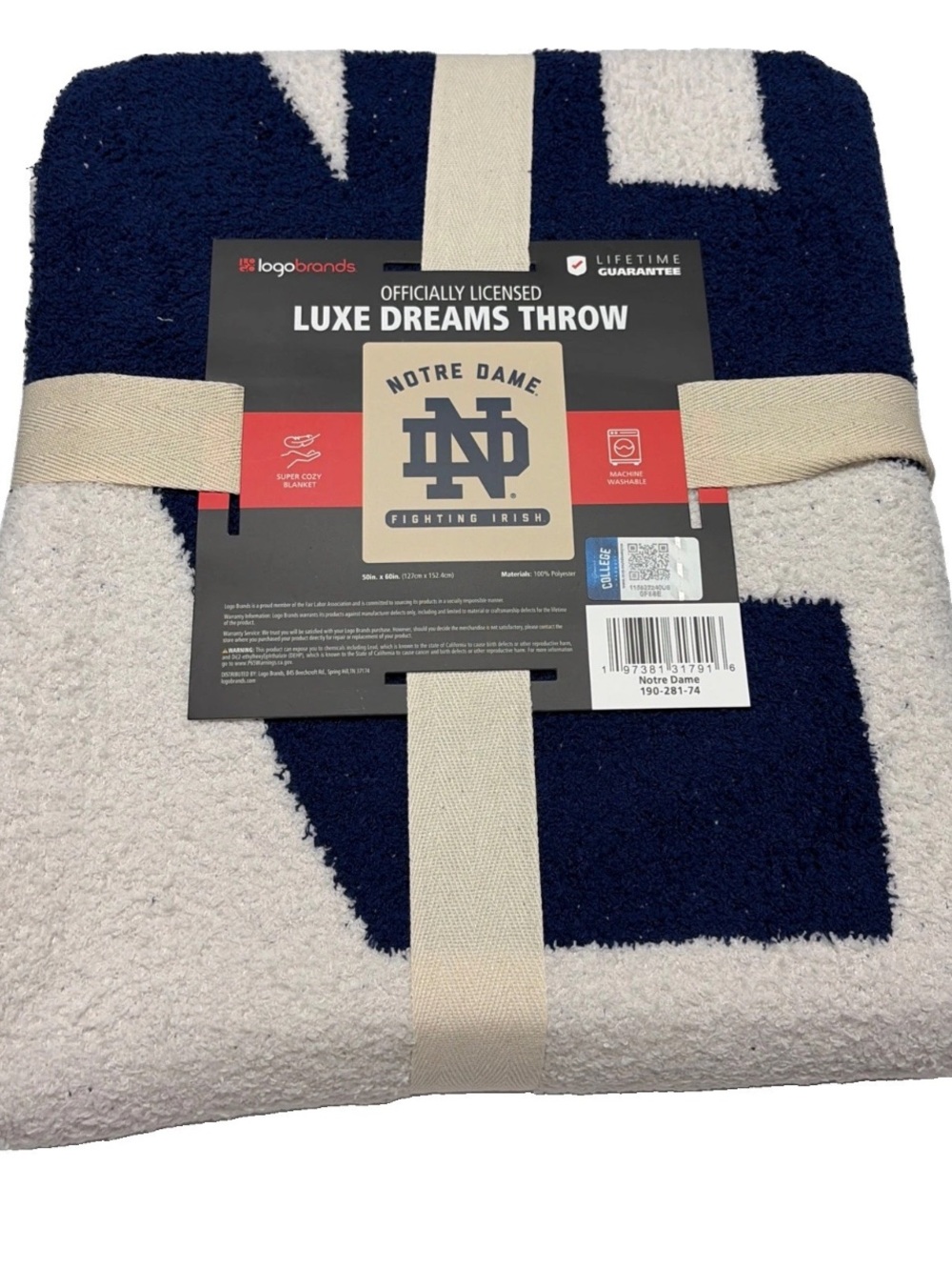 LUXE DREAMS THROW- New in original pkg-NOTRE DAME -50”x 60”- Cream& Navy